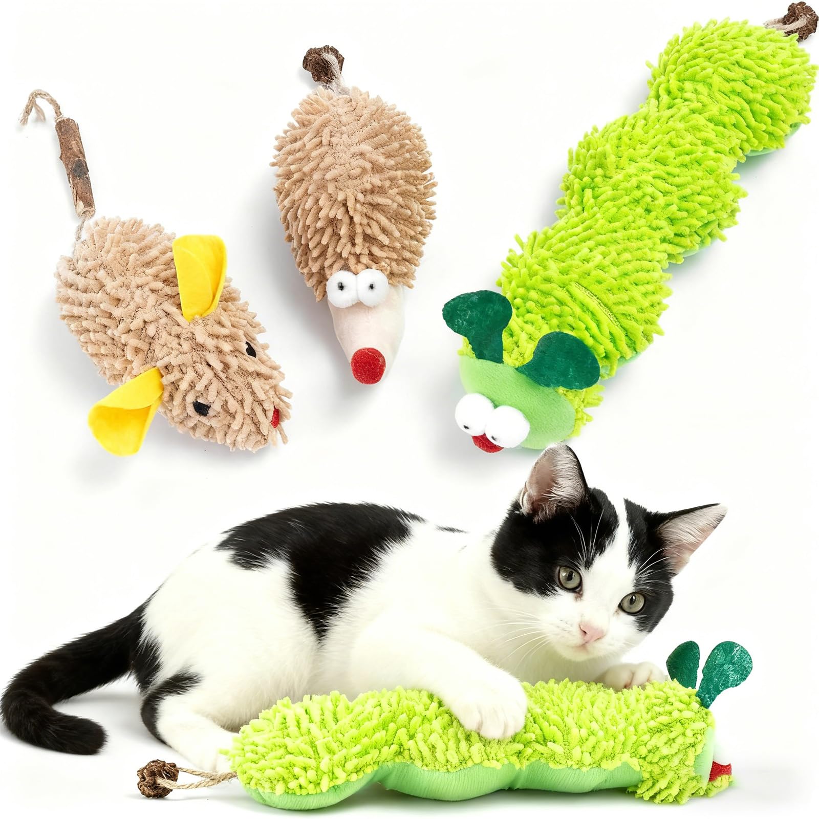 HAOXYO Interactive Plush Cat Toys Catnip Toys for Cats and Cat Toys for Indoor Cats with Dental Chew Texture, Bite-Resistant Caterpillar, Mouse & Hedgehog Designs, (3 PCS)