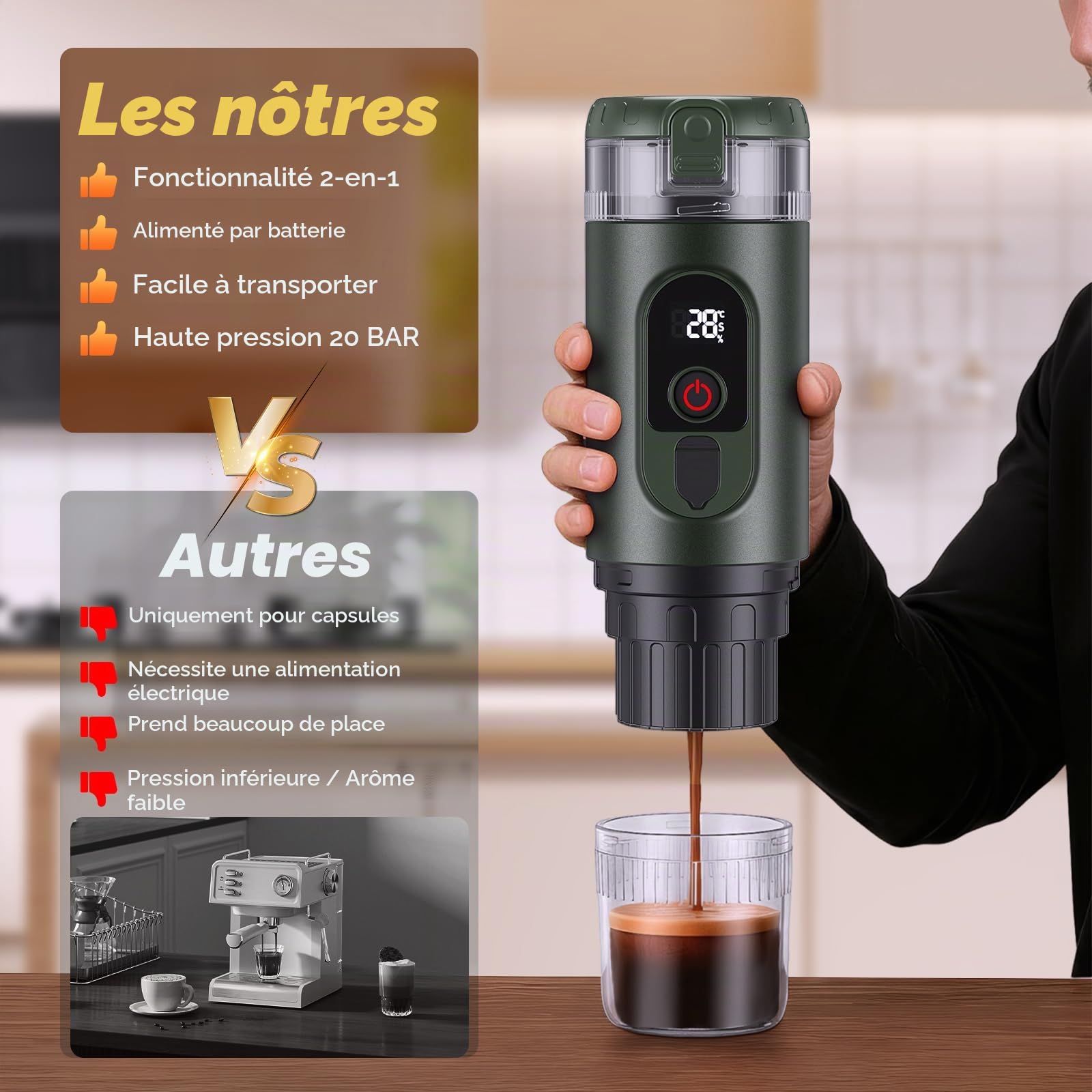 Machine à café portable 2 en 1 avec batterie 7650 mAh, pression de 20 BAR, extraction chaude/froide, pour dosettes et café moulu, portable pour bureau, voyages et camping (vert)