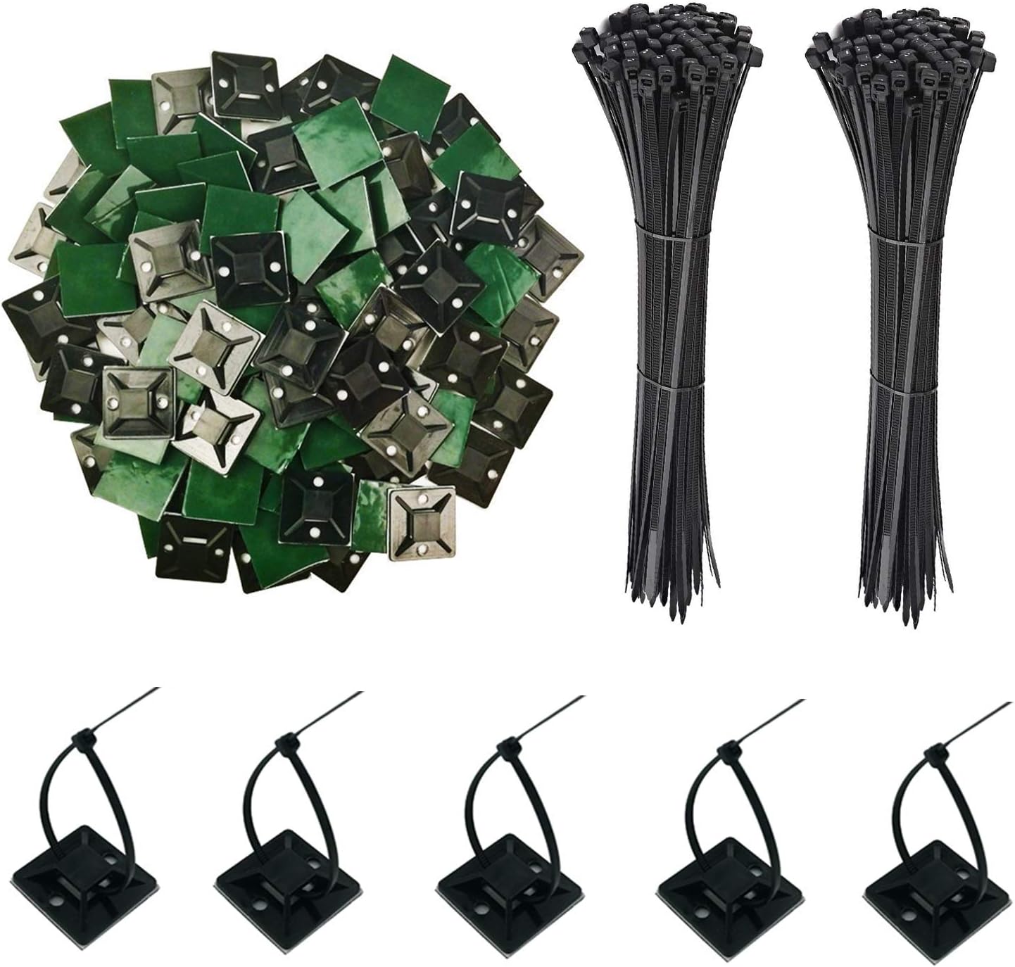 100 Black Cable Tie Adhesive-Backed Mounts And 250 PCS 8" Black Multi-Purpose Cable Tie - Screw-Hole Anchor These Zip Tie Bases Tools - Free With Sticky Backs Or Use Screw-Holes For Perm