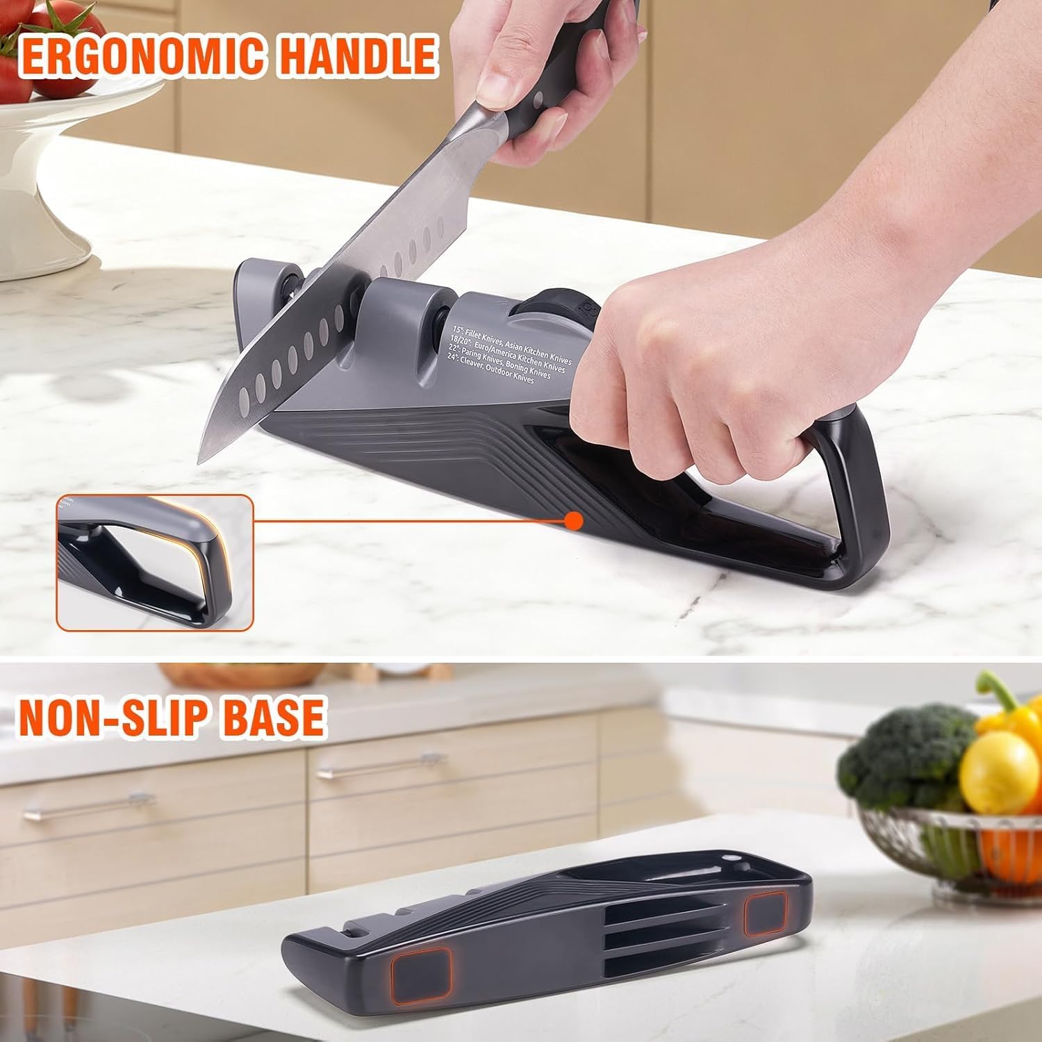 Professional Knife Sharpener with 3-Stage Sharpening - Coarse, Fine & Scissor Slots | 5-Angle Adjustable (15°-24°) | Comfort-Grip Kitchen Knife Sharpener for Kitchen Knives, Pocket, Scissors