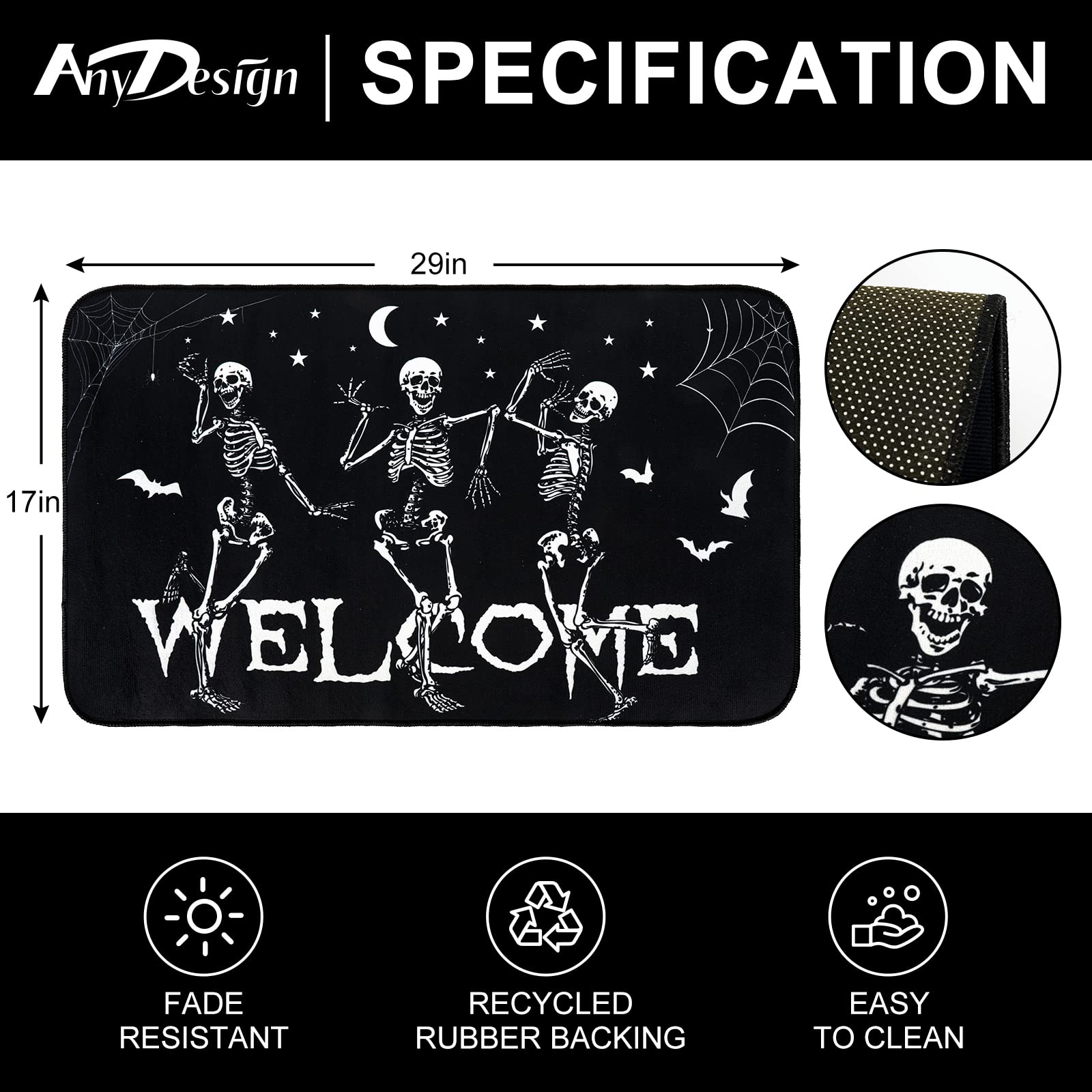 AnyDesign Halloween Dancing Skeletons Doormat Lightweight Non-Slip Welcome Entrance Mat Spooky Halloween Front Door Rug Floor Mat for Indoor Outdoor Kitchen Bedroom Living Room Decor, 17 x 29