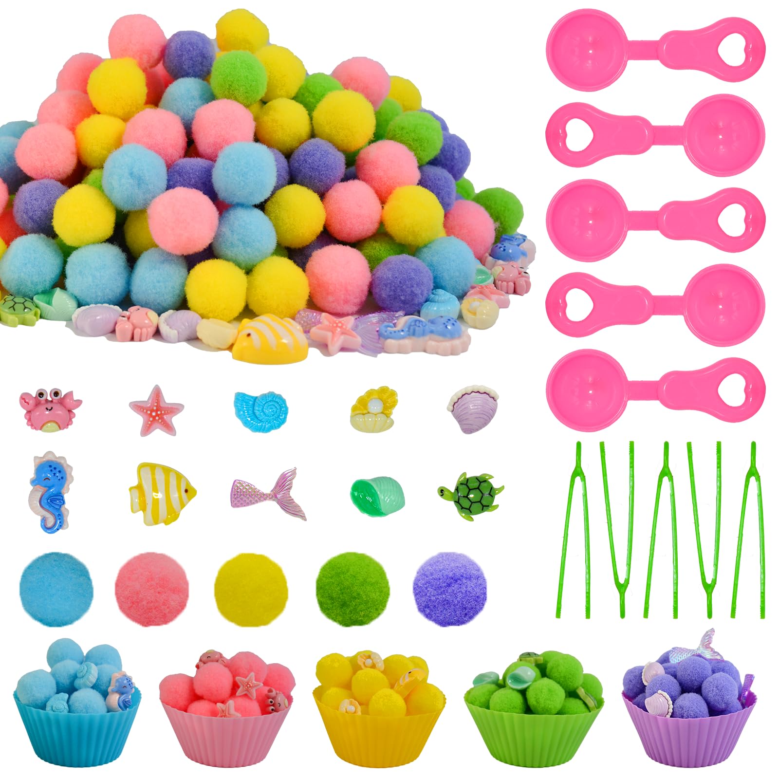 185pcs Summer Ocean Animal Sensory Bin Filler Fine Motor Toys Ocean Animals Sensory Bin Items Resin Crab, Starfish, Sea Snail, Pearl Shell Pom Poms for Preschool Education Counting Sorting