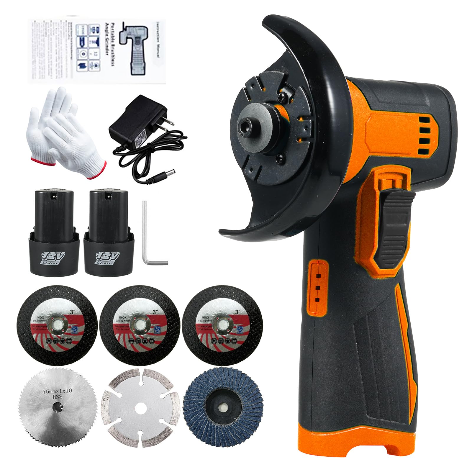 Weytoll 12V Cordless Brush Angle Grinder Kit, Lightweight Angle Grinder Tool w/ 2PCS 1300mAh Lithium-Ion Battery & Charger, Ergonomic Button Position