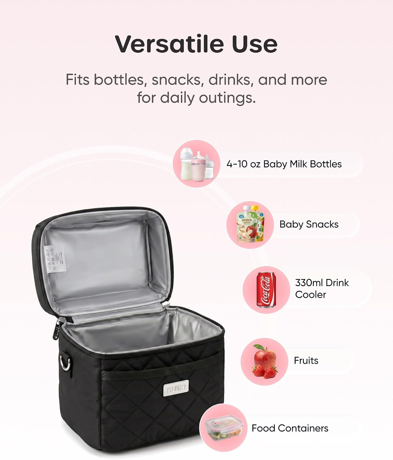 Nuliie Breastmilk Cooler Bag with Ice Pack Fits 6 Baby Bottles, Black