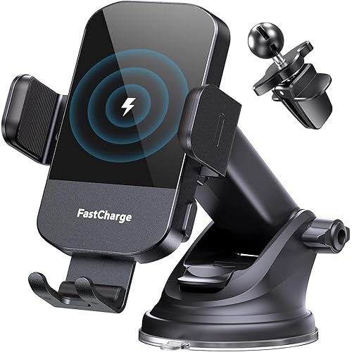 CHGeek Wireless Car Charger, 15W Fast Charging Auto Clamping Phone Holders Phone Mount fit for iPhone 17 16 15 14 13 12 Pro Max 11 XR XS, Samsung Galaxy S25 Ultra S24 S23, Black