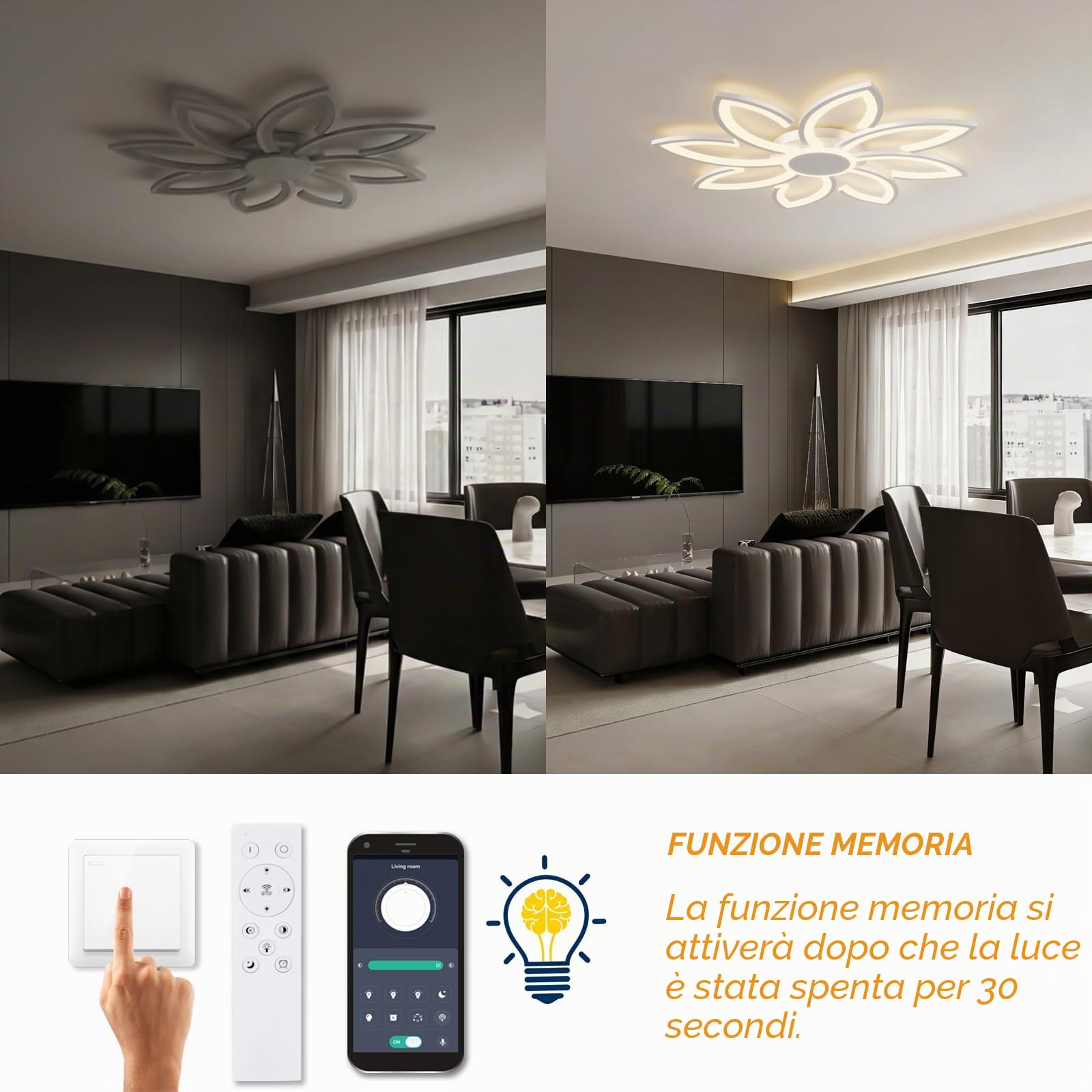 Plafoniera LED Soffitto Smart 80cm, Lampadario Moderno Design a Fiore Dimmerabile Compatibile con Alexa/Google Home, Luce con App/Telecomando per Salotto e Camera, 3000K-6500K, Bianco