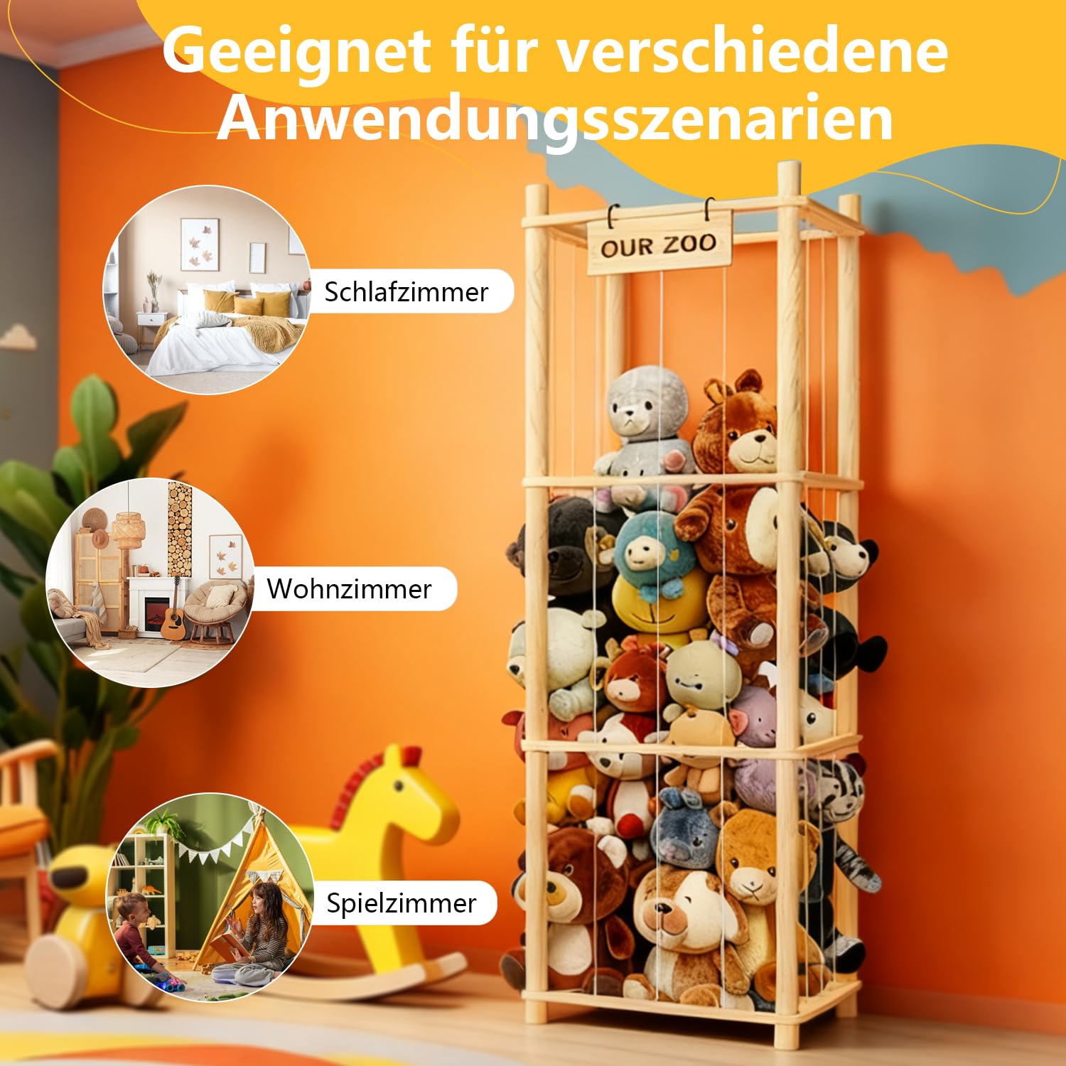 Contenitore per animali di peluche, in legno, 136 x 40 x 40 cm, salvaspazio, per camera dei giochi, cameretta dei bambini, soggiorno