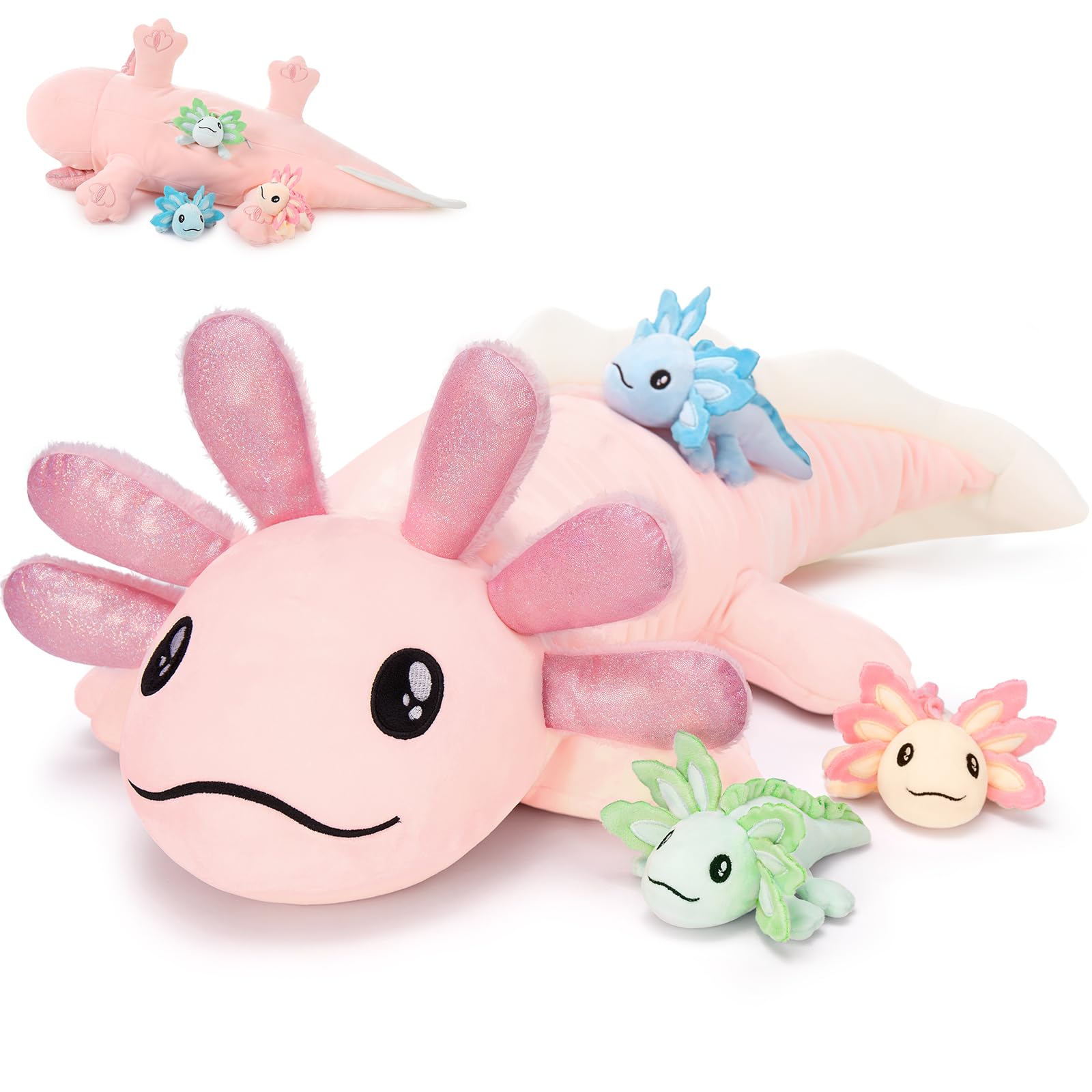 MaoGoLan Axolotl Stuffed Animal Set, Mom Axolotl and 3 Baby Axolotl Plush Toys