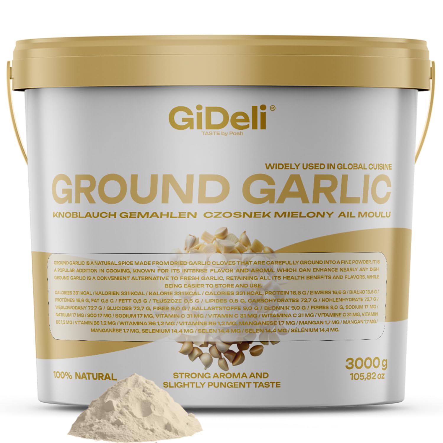GiDeli Knoblauch granuliert 3 kg im Eimer zum Würzen von Fleisch, Gemüse und Fischgerichten. Aromatische Ergänzung zu Ihren Gerichten für Großverbraucher und Gastronomie.