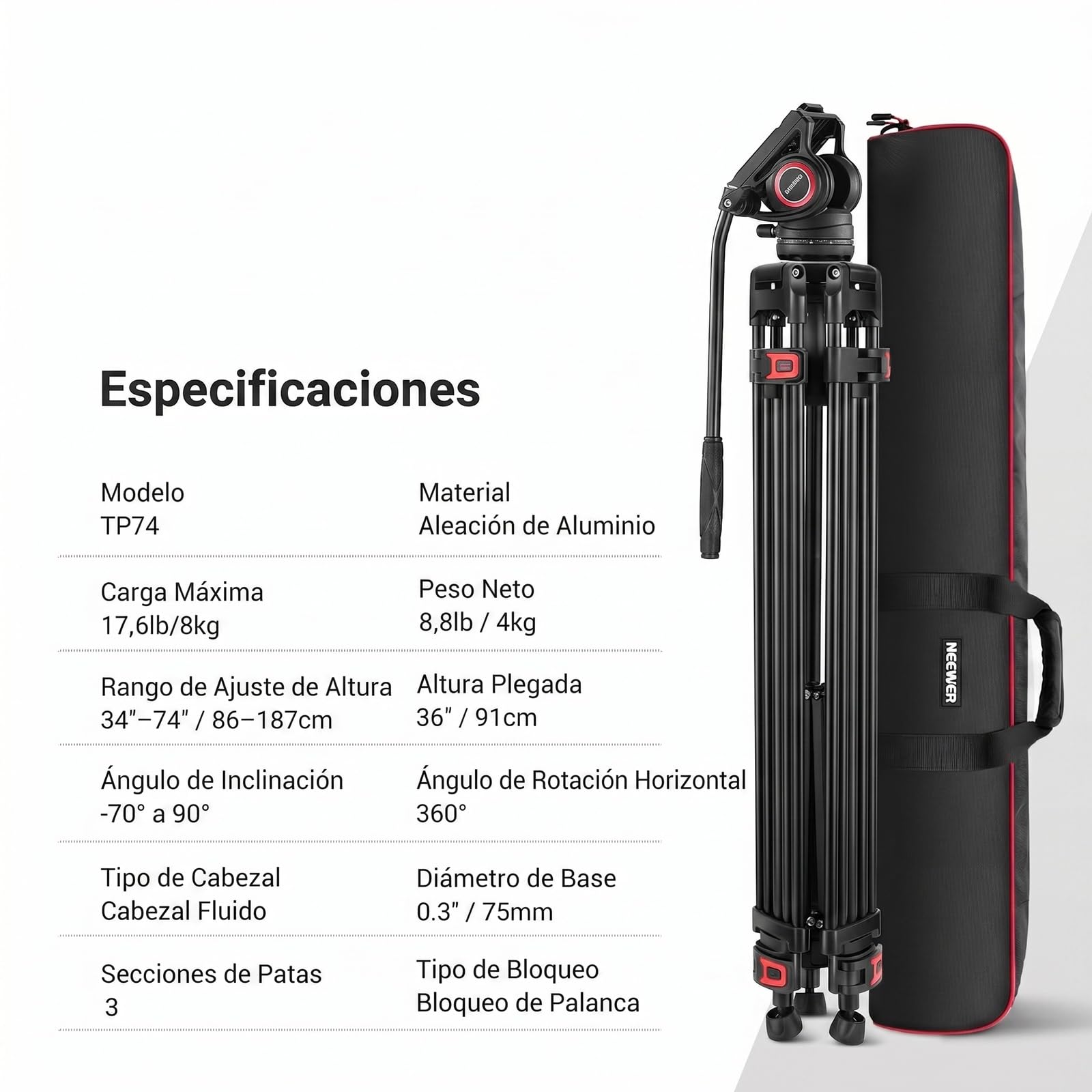 NEEWER 74" trípode de vídeo con Cabeza fluida,QR Placa Compatible con dji RS cardanes,Aluminio Resistente trípode cámara Profesional cámaras DSLR videocámaras,Carga máxima 17.6lb/8kg TP74