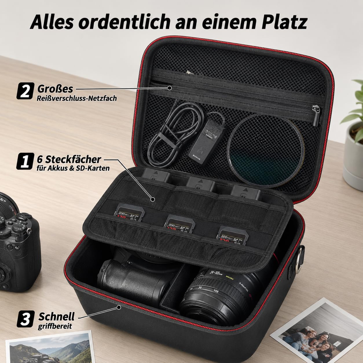 Boobowl Kameratasche kompatibel mit Canon EOS R50 R100 R10 R7 2000D 250D, Sony Alpha ZV-E10 A6700 A6400, Nikon Z50II D7500, Hartschalen-Fototasche mit Schultergurt und 6 Steckfächern - Schwarz