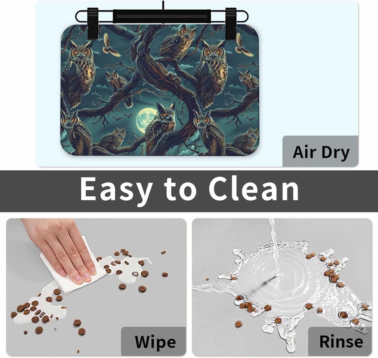 Gothic Owls Halloween Dog Food Mat, Leather Pet Feeding Mat, Cat Mat for Food, Absorbent Pet Placemat for Indoor Outdoor Water Bowl 40x60cm