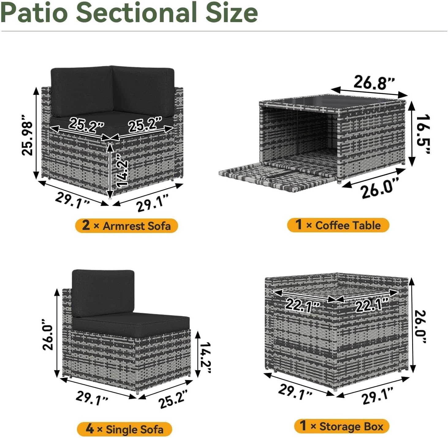 8 Piece Patio Furniture Set Wicker Outdoor Furniture with Large Storage Table Patio Conversation Sets with Waterproof Cover for Backyard Garden Poolside(Black)