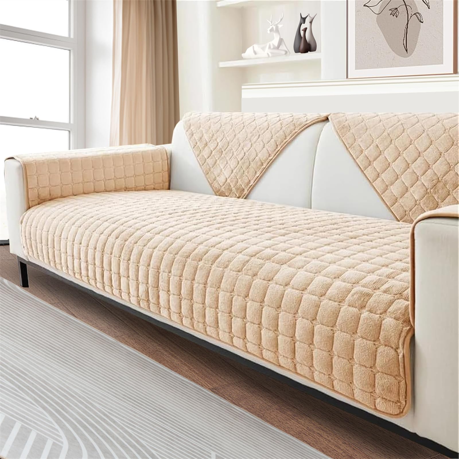 FASCINATDECO Soft Flannel Sofa Covers, Sofa Cushion Covers, Non-Slip Sofa Cover 1 2 3 Seater Couch Covers for Sectional Sofa, Sofa Slipcovers L Shape Furniture Protector (Beige,110x240cm) — image 1
