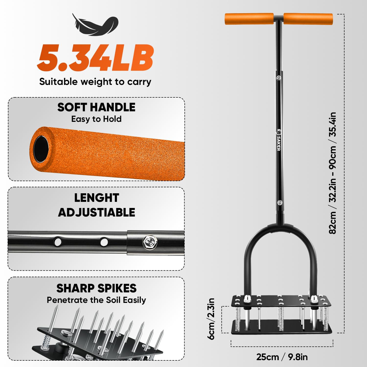 Saker Aeratore per prato con 15 punte in ferro, design a molla, aeratore manuale in metallo per terreno