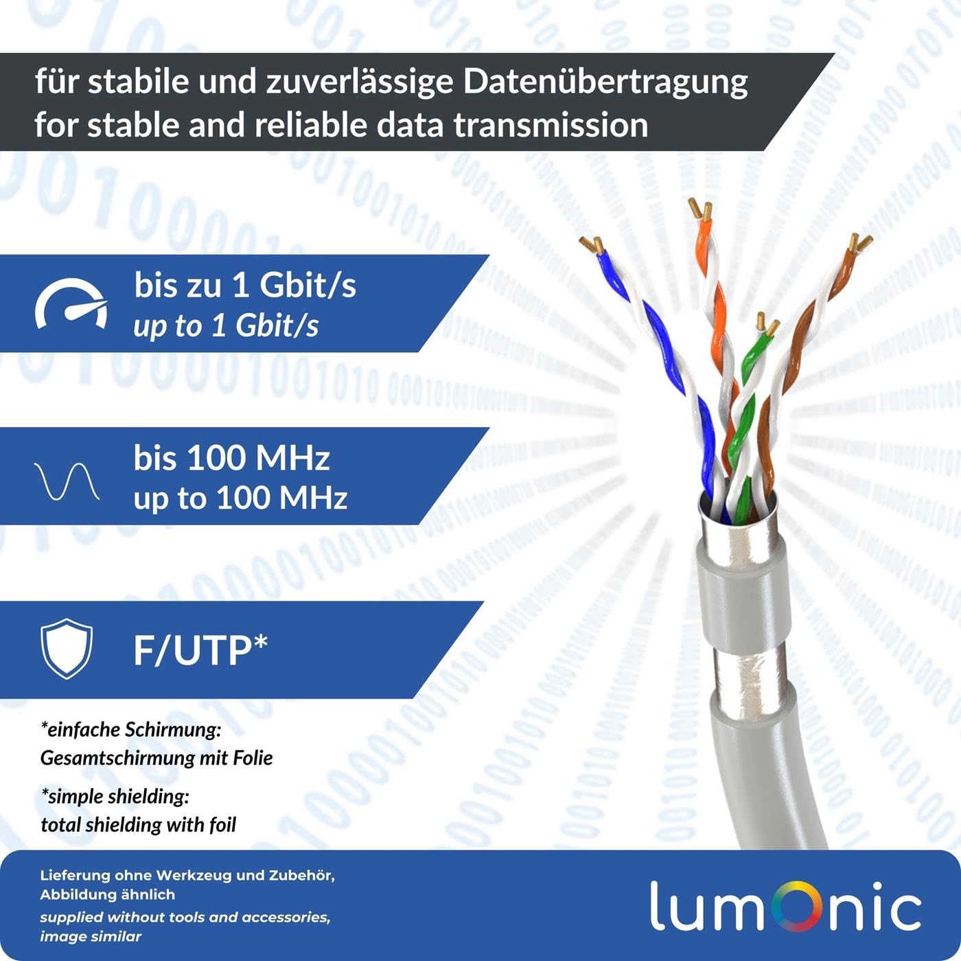 Lumonic LAN Câble de réseau 100m | LAN Câble CAT5e F/UTP | Câble Patch 4x 2x AWG26/7 (échoué) | 100MHz Gigabit Ethernet