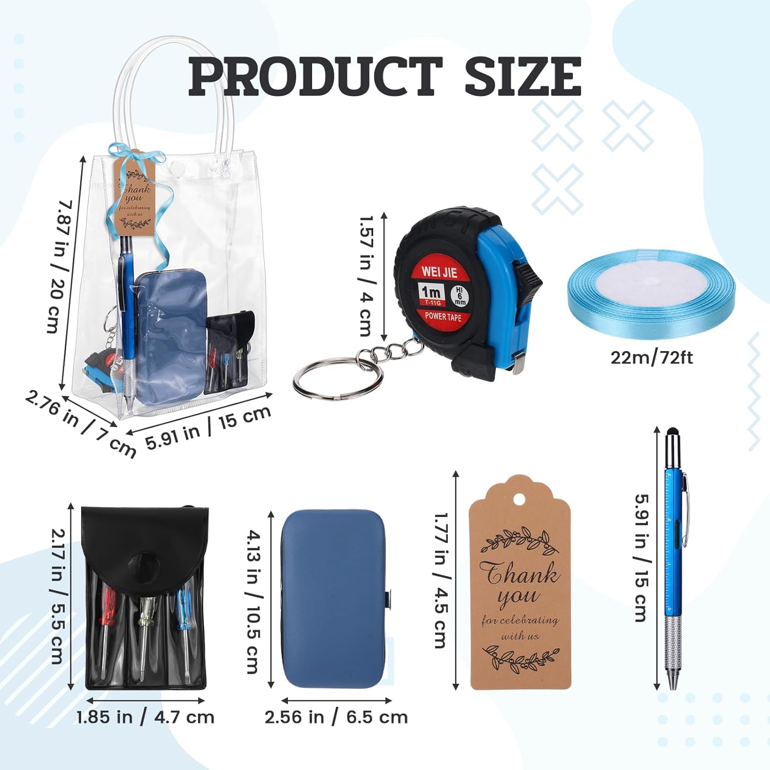 6 Set Baby Shower Prizes for Men Bachelor Party Gifts with Pen Tape Measure Keychains Screwdriver Nail Clipper Kit Cards Clear Bags Each 6 Pcs and 72ft Satin Ribbon 1 Pc