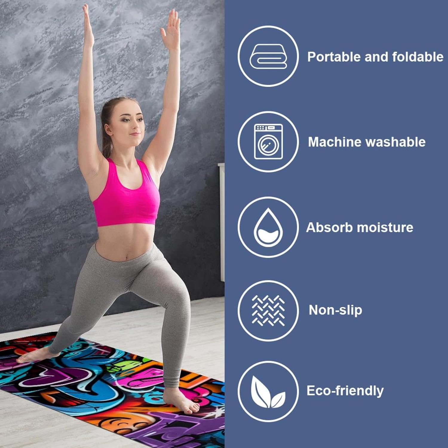 Yoga Towel, Colorful Graffiti Pattern Non Slip Sweat Absorbent Hot Yoga Mat Towel for Hot Yoga, Pilates and Fitness - 72.8" x 26.8"