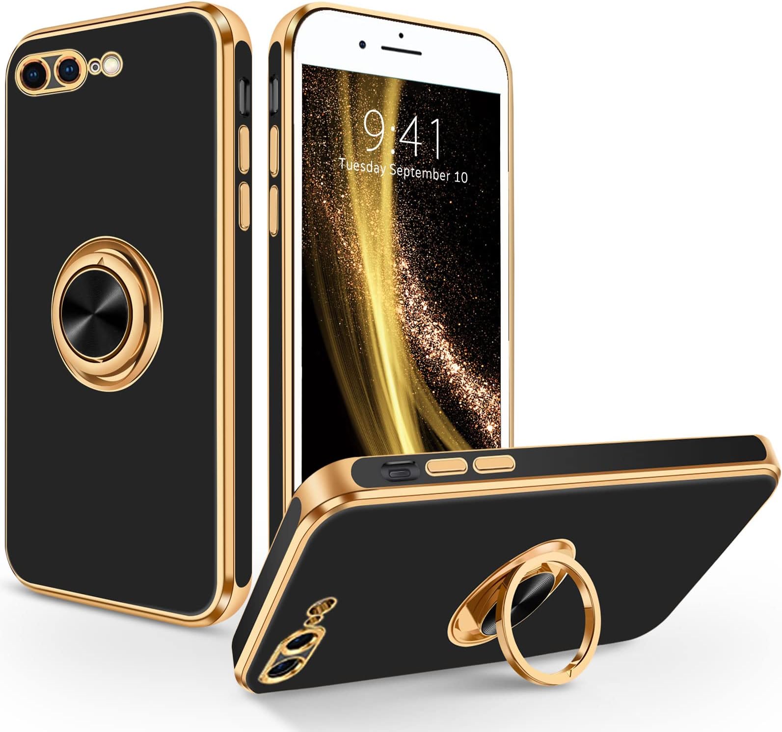 SouliGo iPhone 8 Plus Case, iPhone 7 Plus Case 360° Ring Holder Kickstand for Magnetic Car Mount Slim Luxury Bling Plating Soft TPU Anti-Scratch Protective Bumper Phone Case for iPhone 7/8 Plus, Black