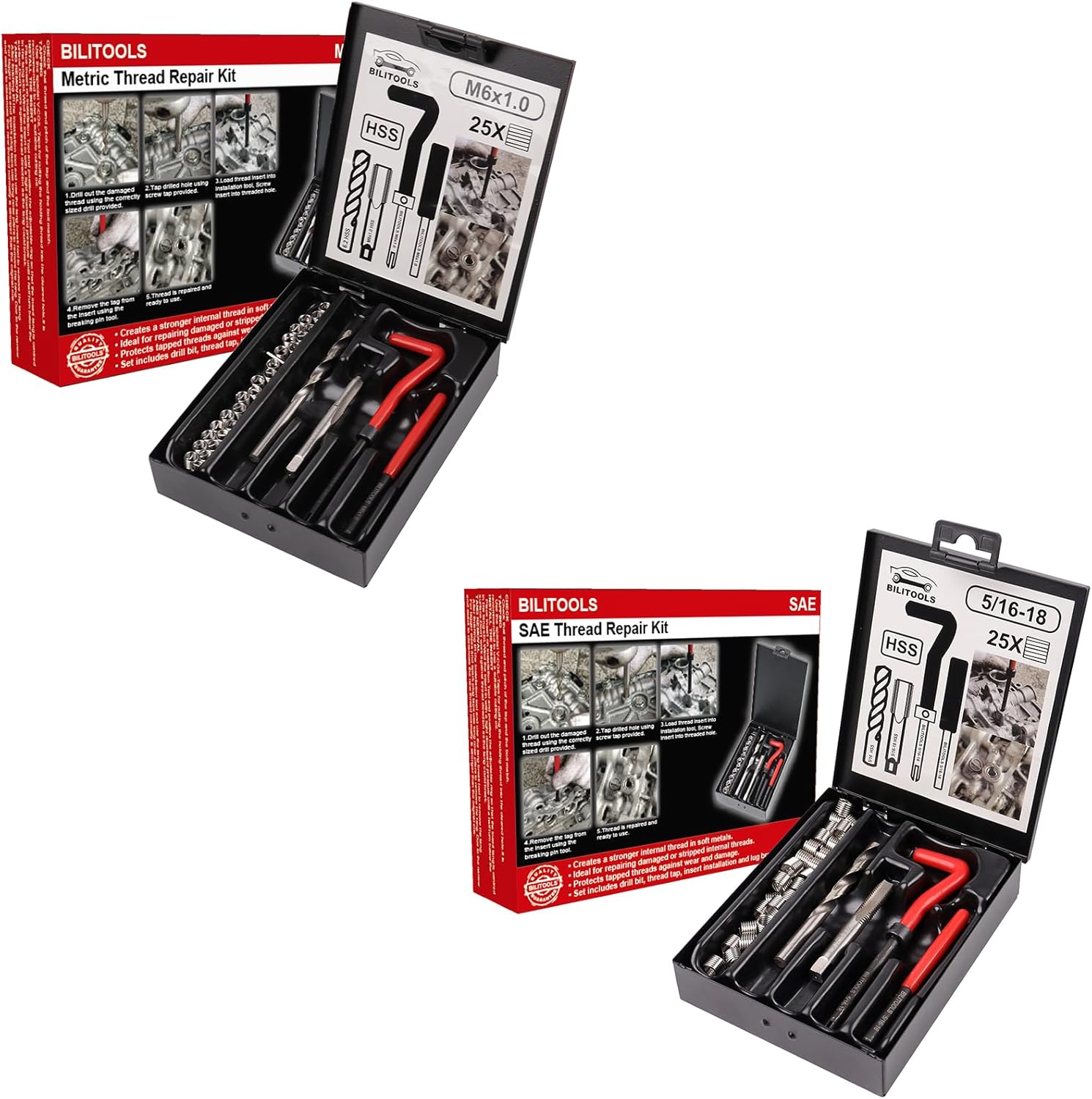 BILITOOLS M6x1.0 and 5/16-18 inch Thread Repair Kit, HSS Drill Helicoil Repair Kit Metric and SAE