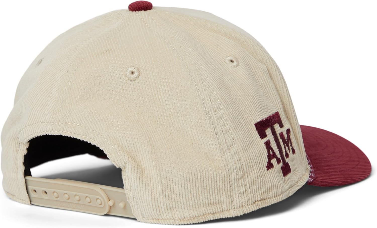 Black Clover Standard Texas A&M Legacy Adjustable Snapback Hat, Natural/Maroon/Corduroy with Rope HD Patch