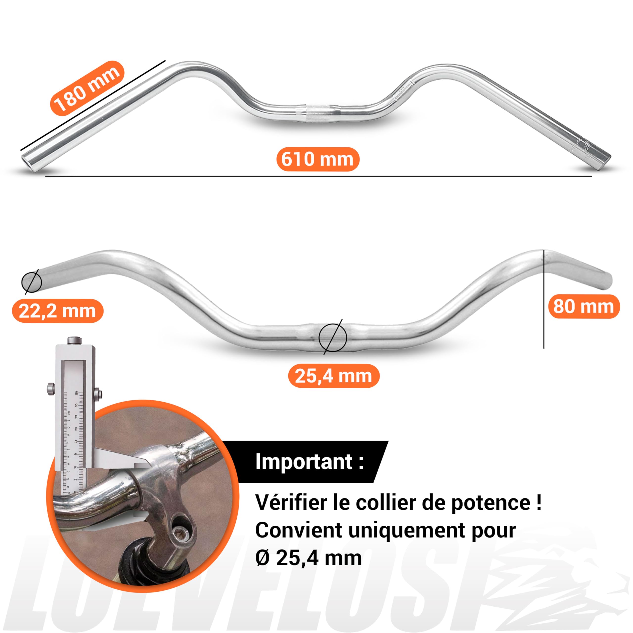 City-Bike Guidon de vélo 25,4 mm ergonomique pour vélo femme et homme Guidon de vélo argenté en aluminium rétro pour homme et femme Cruiser Beachcruiser Large
