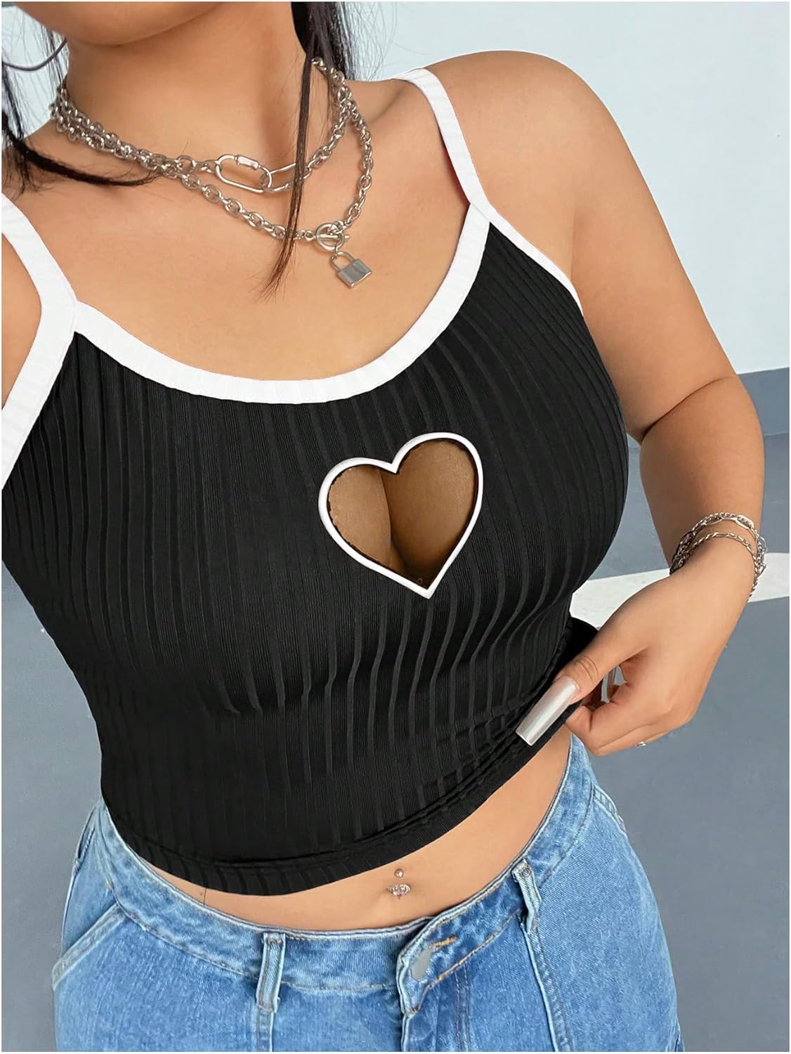 SOLY HUX Women's Plus Size Goth Cami Crop Tops Contrast Mesh Spaghetti Strap Summer Top - Image 3