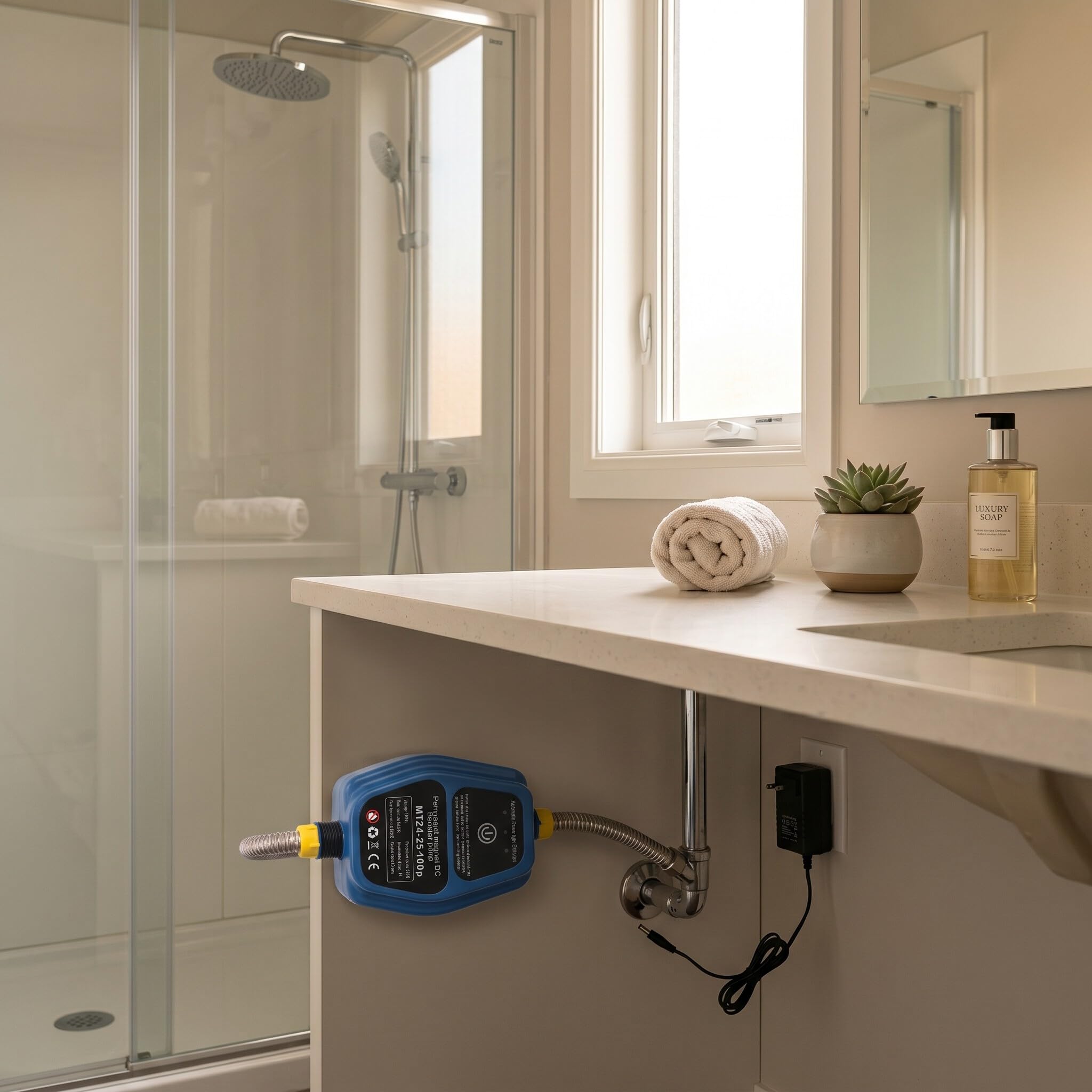 Bomba Elevadora de Presión de Agua 100W 24V 25L IP56 para Ducha Automática con Detección Inteligente y Función de Protección contra Escasez de Agua (Enchufe)