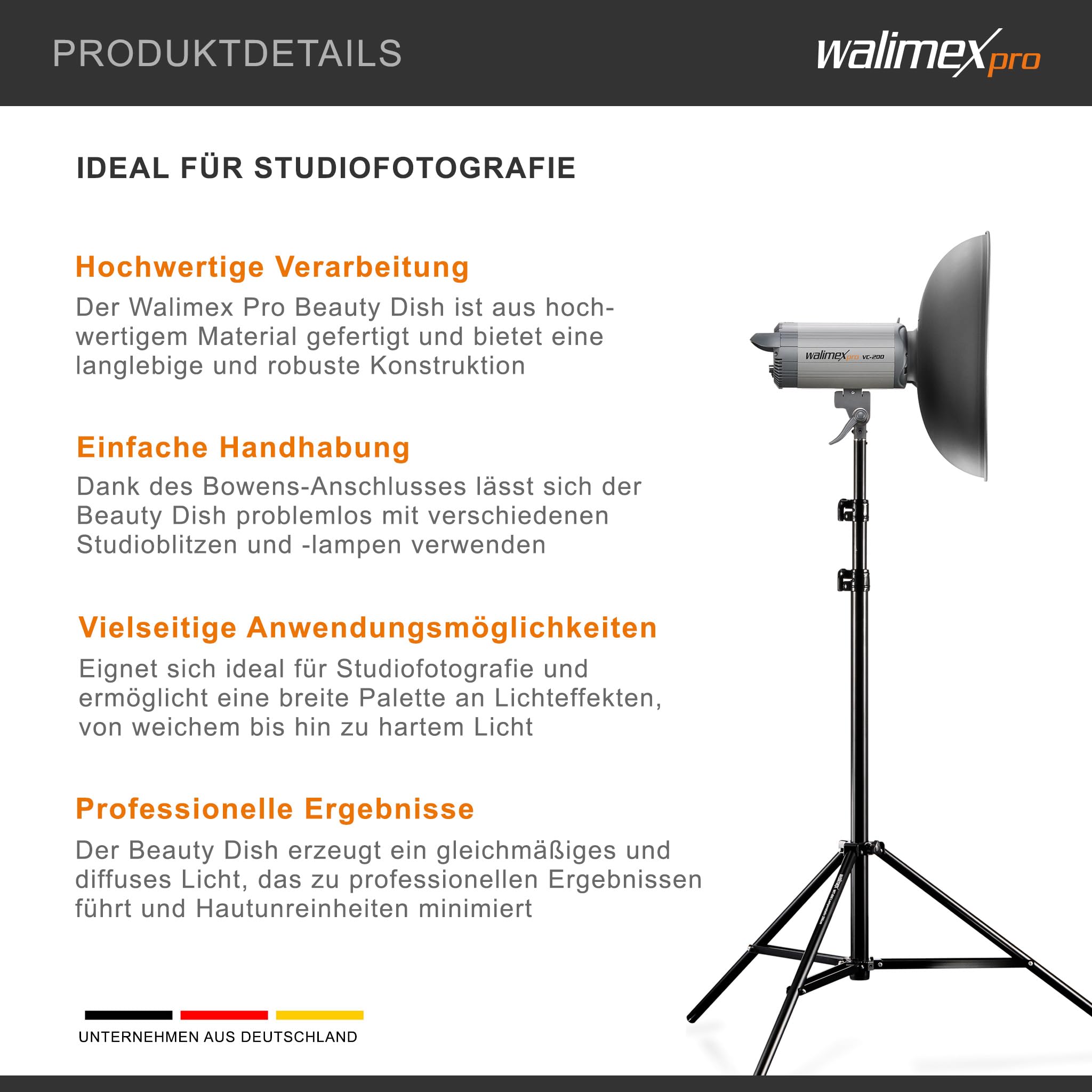 Walimex pro Beauty Dish Ø 40 cm Lichtformer für Bowens & Walimex pro Anschluss, Reflektor für weiches Licht, ideal für Portät und Beautyfotografie