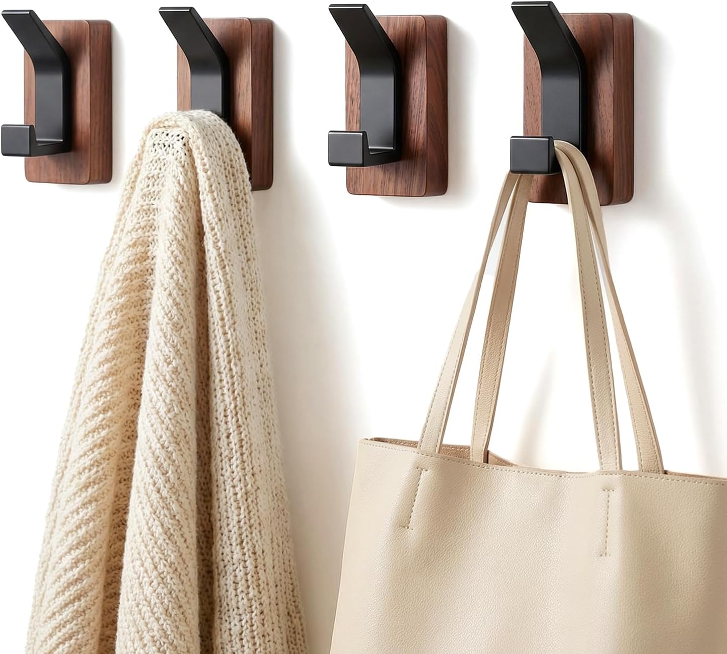 4-Pack Wood Wall Hooks, Solid Walnut Coat Rack with Adhesive Mounting and Wall Mounted, Decorative Hangers for Entryway, Mudroom, Bathroom, Farmhouse Style for Towels, Hats, Keys, Bags, Robes