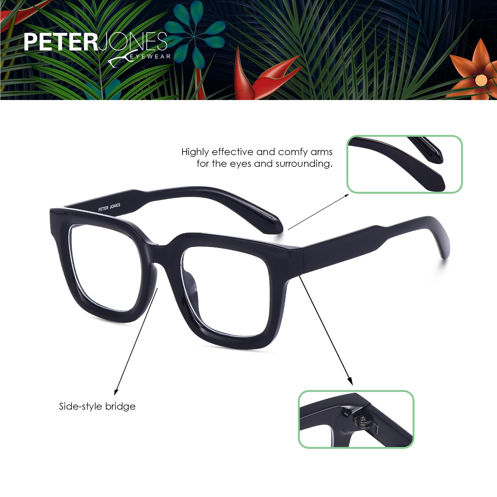 Peter Jones Square Unisex Blue Light Blocking Computer/Gaming Glasses I Frame & Lenses I Large Size 51-16-150 MM, Comfortable Fit, Model 3803FB - Image 5 thumbnail