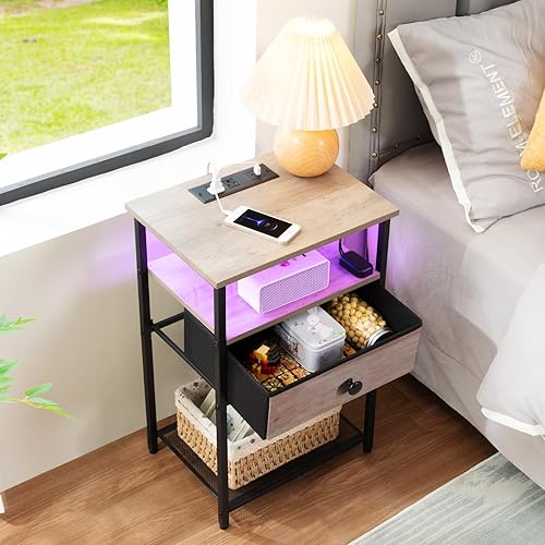 Miniatura 7 de Juego de 2 mesitas de noche LED con estación de carga, mesas auxiliares para sala de estar con cajón de tela para espacios pequeños, mesas