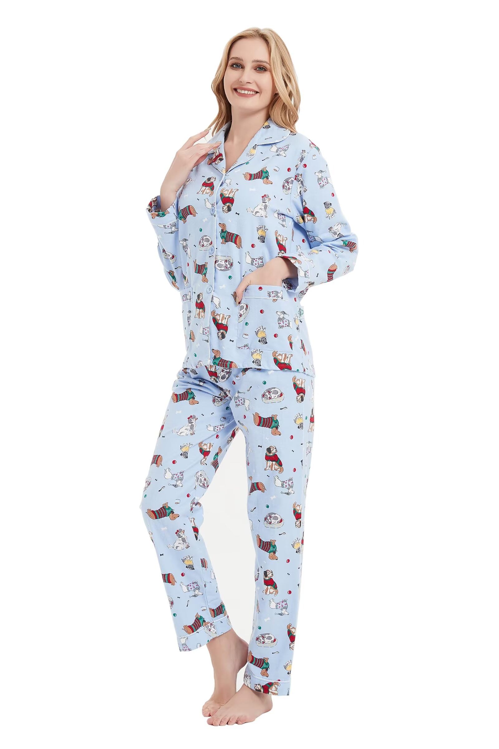 GLOBAL Damen Pyjama Set Baumwoll Flanell, Knopfleiste, Hose mit Kordelzug