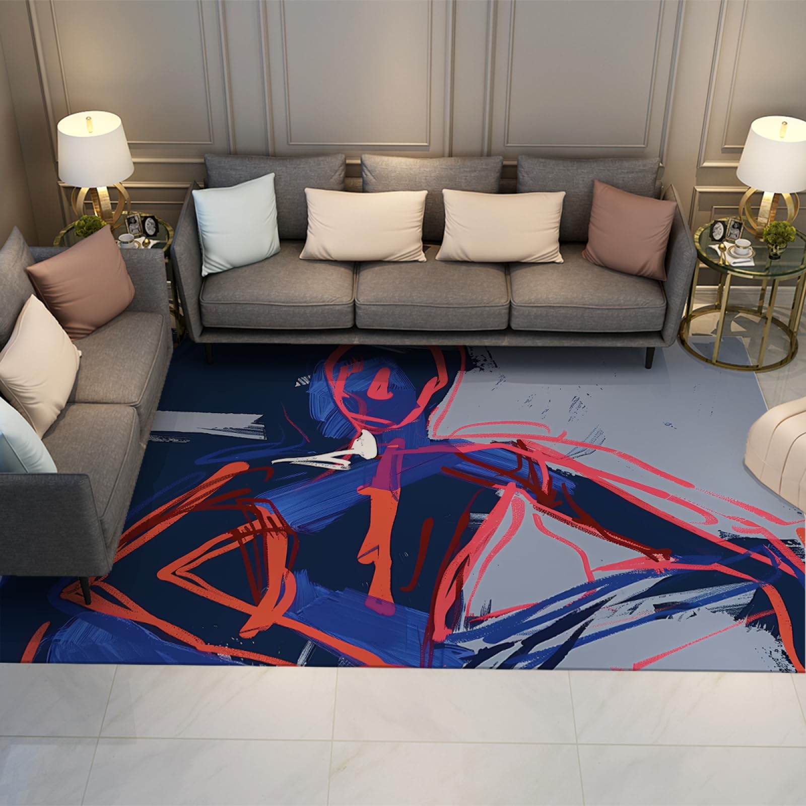 Tapis moderne lavable bleu rouge grand format pour salon salle à manger