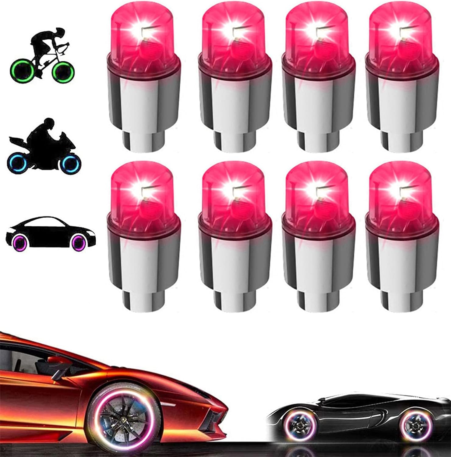 8 Pack LED Valve Stem Caps Lights for Car Tires Wheel Assemblies Light up Air Neon Bicycle Motorcycle Tyre Bike Truck Golf Cart for Kids Men Women(8 Red)