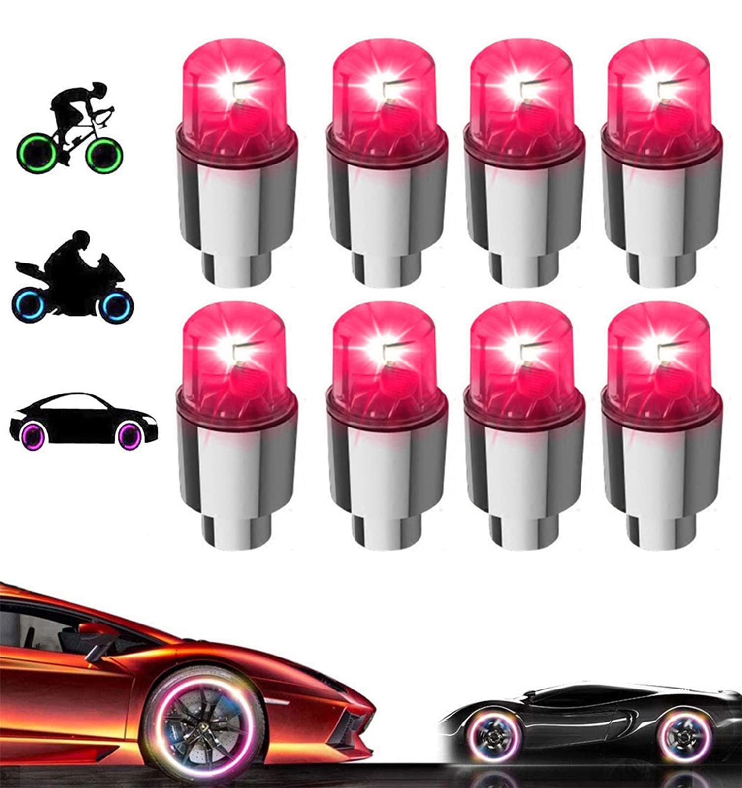 8 Pack LED Valve Stem Caps Lights for Car Tires Wheel Assemblies Light up Air Neon Bicycle Motorcycle Tyre Bike Truck Golf Cart for Kids Men Women(8 Red)