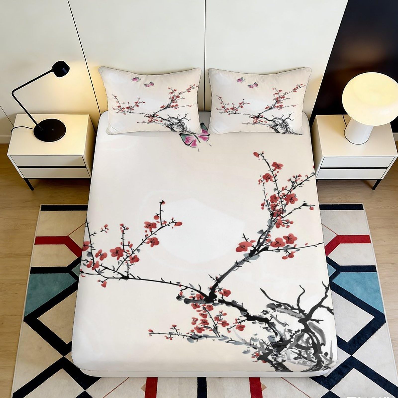 3D Printed Plum Blossom Fitted Sheet Microfiber Soft Breathable Ink Painting Mattress Cover for Bedroom Dorm Decor 120x200cm 160x200x25cm