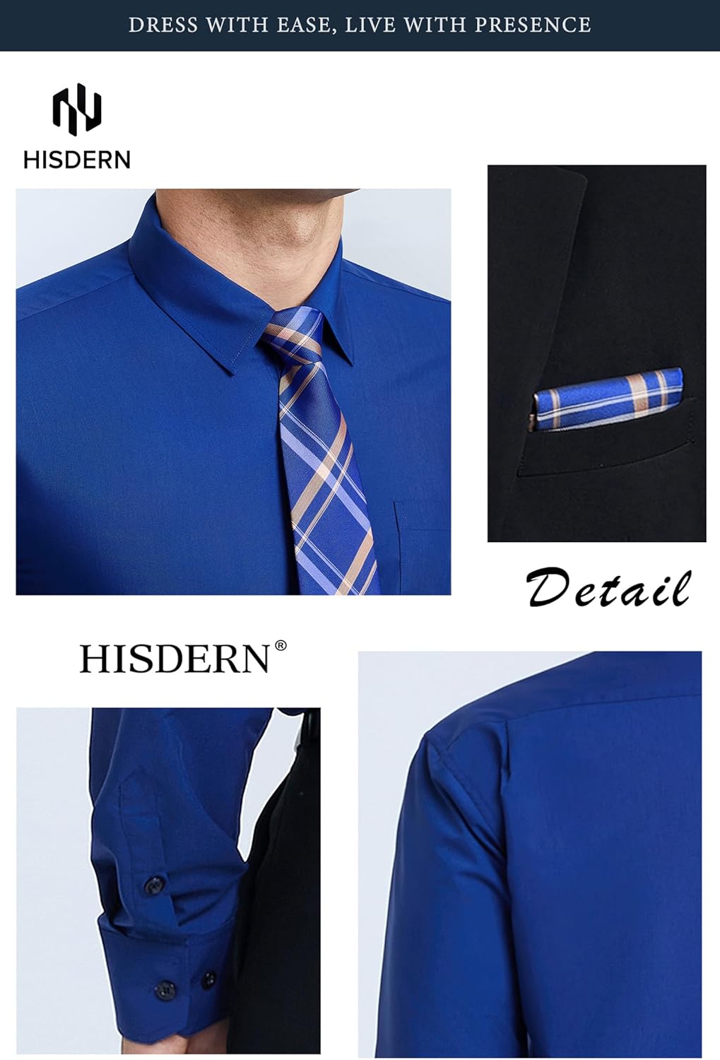 HISDERN 503 Mens Dress Shirt Slim Fit Long Sleeve Button Down Wrinkle Free Set with Tie Pocket Square Formal Business Wedding