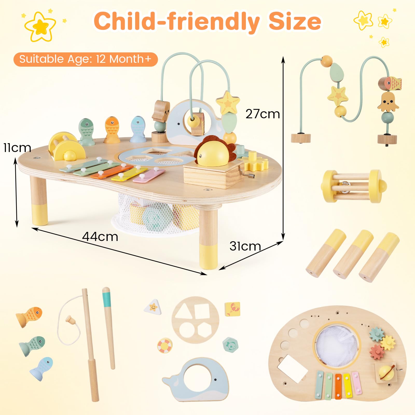 FANTASK Mesa de Actividades de Madera, Mesa de Motor Montessori para niños a Partir de 1 año, Juguete Educativo con bucles Motores, Juego de Pesca, xilófono, Caja de música y clasificador de Formas