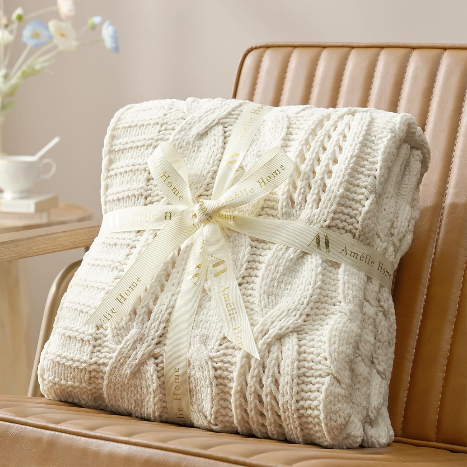 Amélie Home Chunky Knit Throw Blanket, Dual-Sided Soft Chenille Breathable Cable Knitted Blanket for Couch, Farmhouse Decorative Throw for Sofa & Chair, 50"x60", Ivory - Image 8