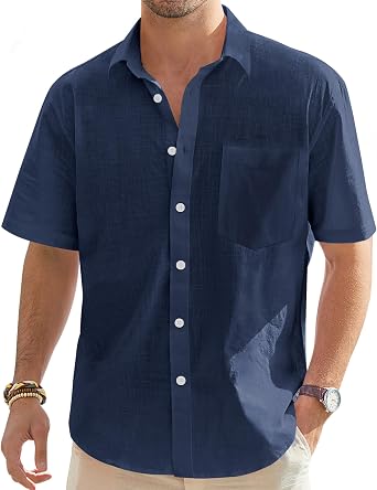 J.VER Men's Short Sleeve Linen Shirt Regular Fit Casual Summer Beach Shirt with Pocket