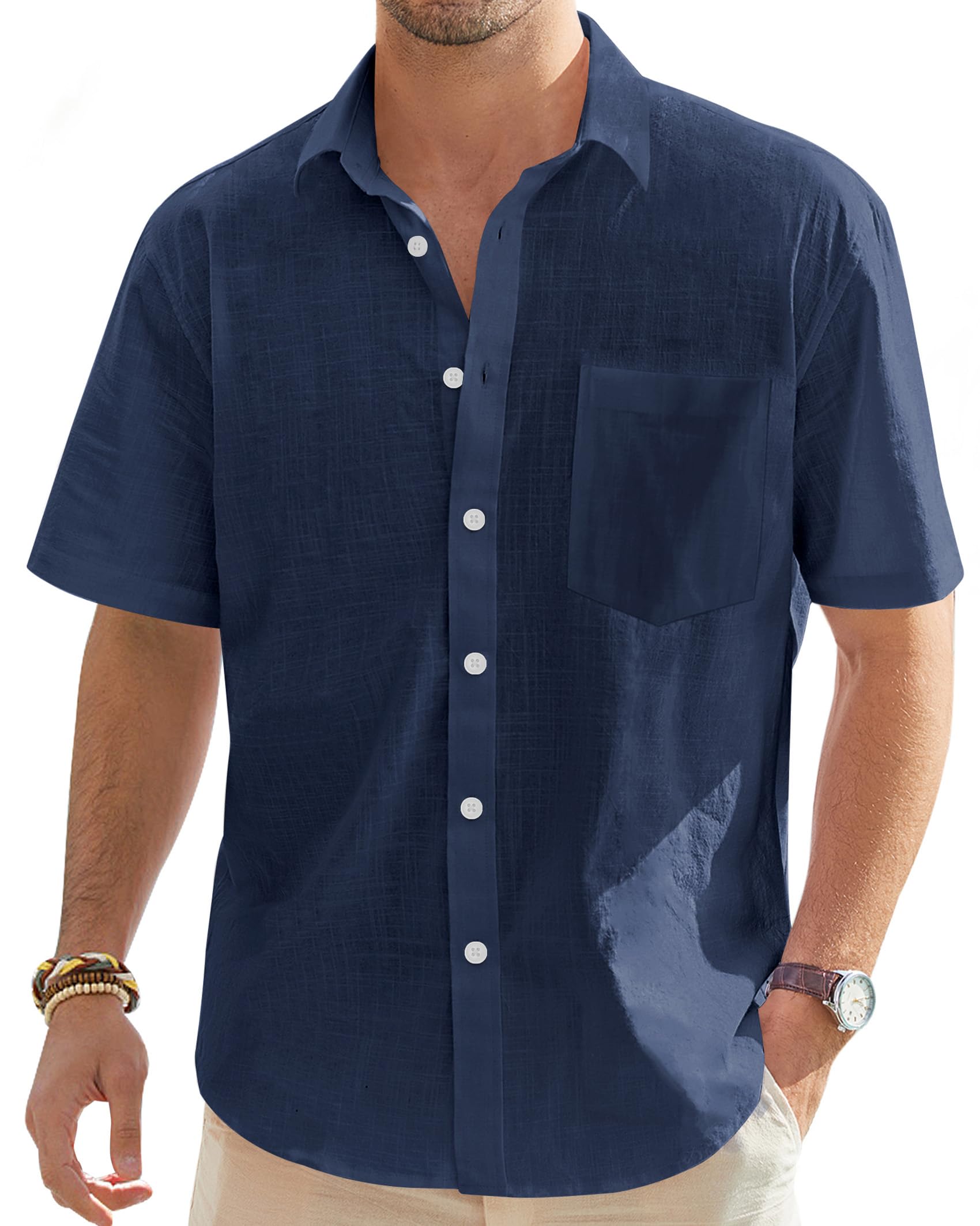 J.VER Men's Half Sleeve Linen Shirt Solid Casual Button Down Shirts Summer Beach T-Shirt with Pocket Navy Blue Large