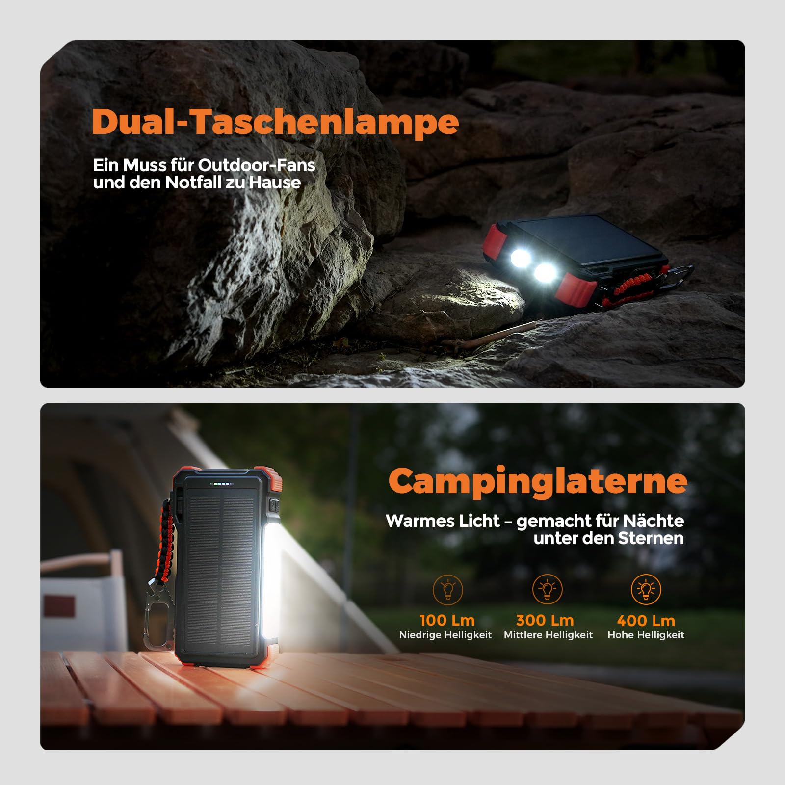 BLAVOR Solar Power Bank 20000mAh mit Kable, 20W Schnellladung Solar Ladegerät USB C Externer Akku Portable Charger mit Taschenlampen und Karabiner für alle Handy, Wireless Ladegerät für Apple Watch