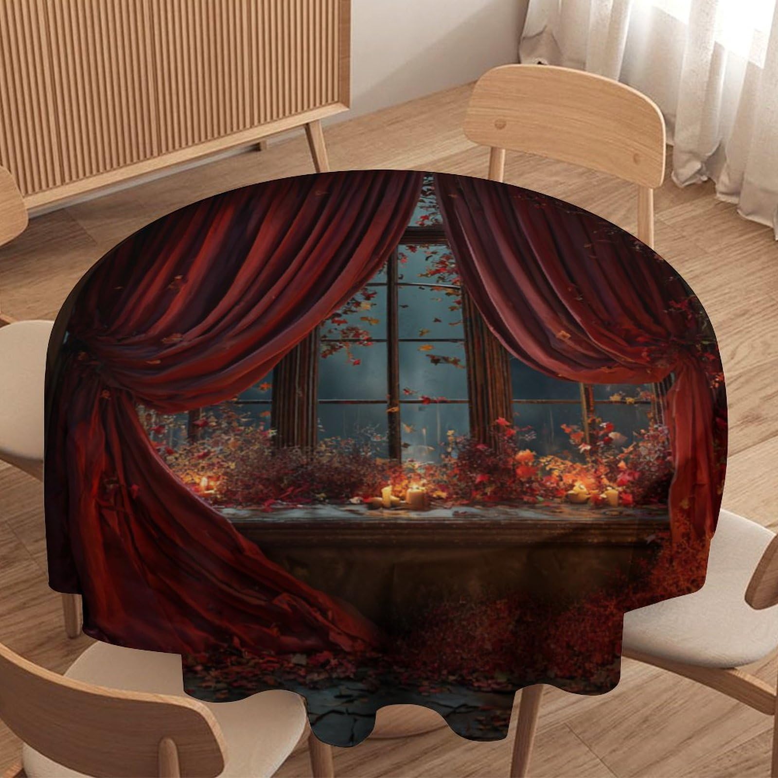 LUYYSKY Classic Fantasy Witchy Castle Waterproof Round Tablecloth Modern Art European Architecture Gothic Castle Floral Pattern Washable Table Cover for Kitchen-127 Wx127 L cm