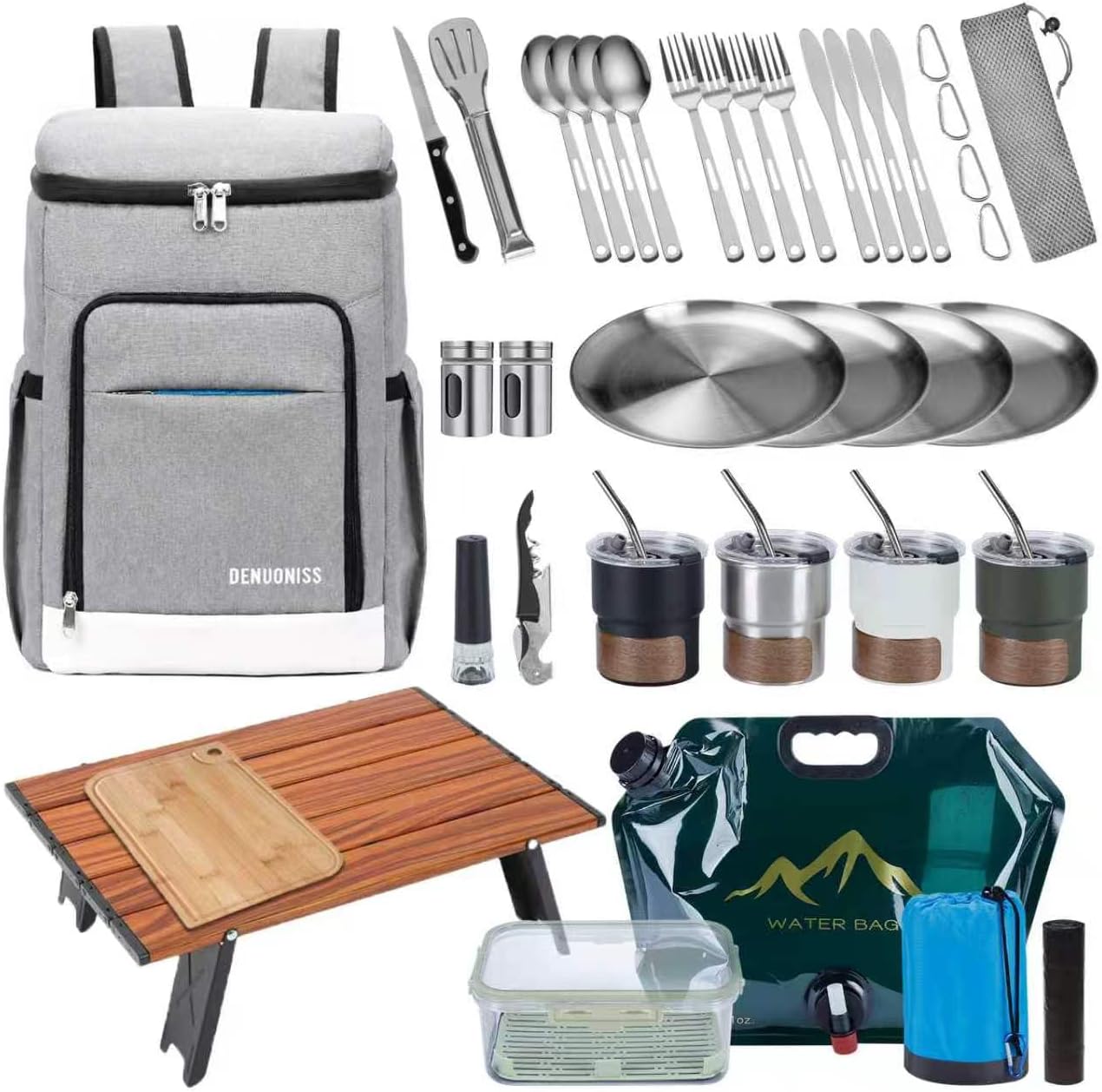 Picnic Backpack Bundle 15-in-1 Set Camping Gear with Fold Table & Waterproof Blanket & Stainless Steel Utensils for 4-Person Family Hiking Essentials
