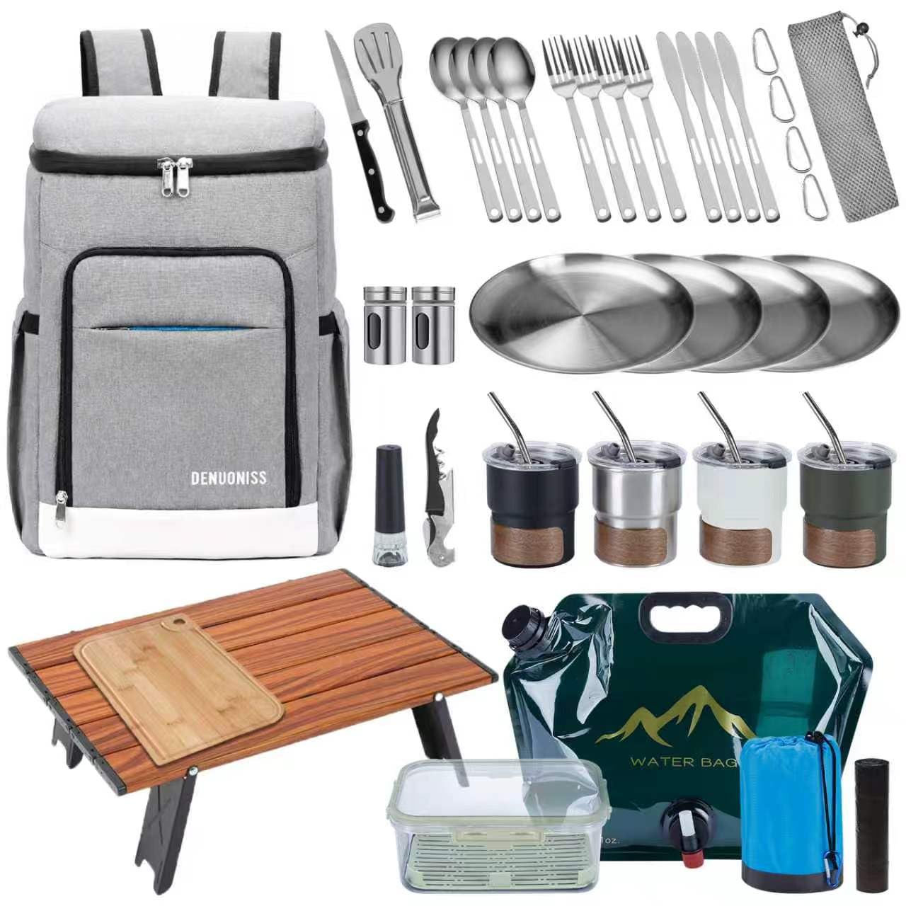Picnic Backpack Bundle 15-in-1 Set Camping Gear with Fold Table &amp; Waterproof Blanket &amp; Stainless Steel Utensils for 4-Person Family Hiking Essentials