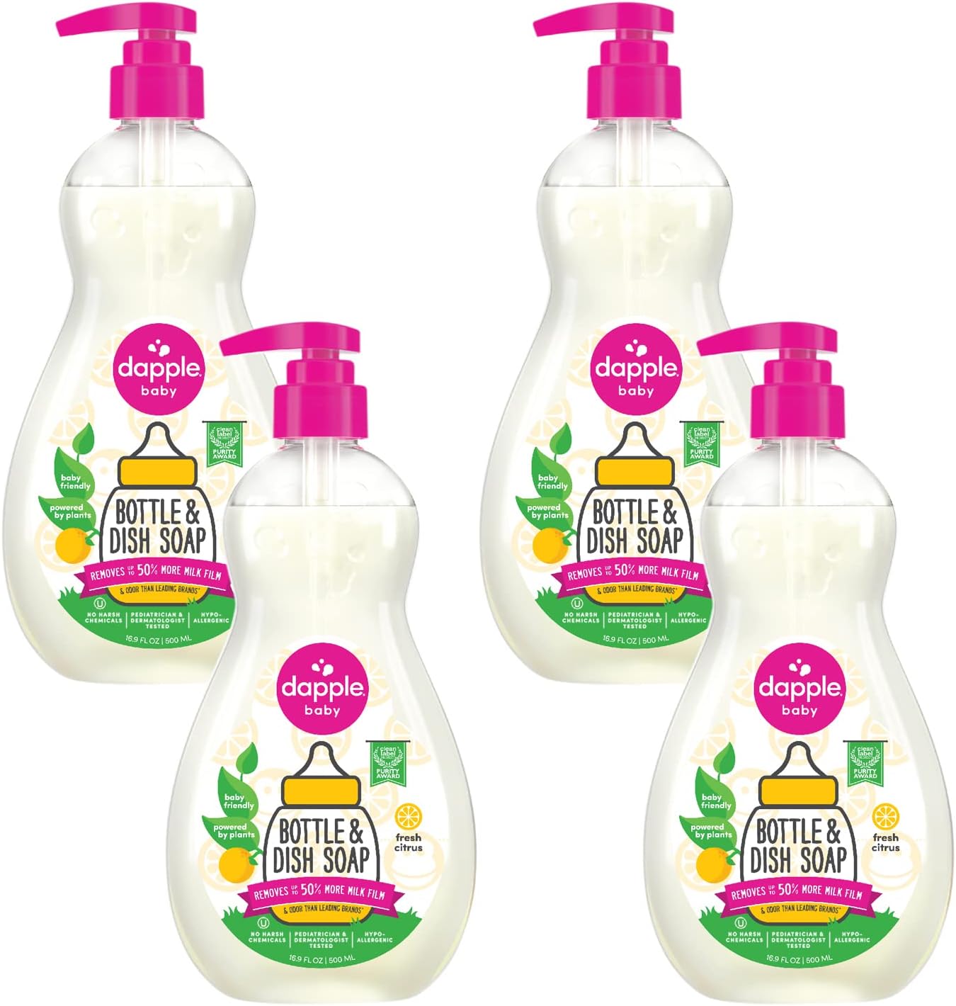 Dapple Bottle and Dish Soap Baby, Fresh Citrus, 16.9 Fl Oz (Pack of 1) - Plant Based Dish Liquid for Dishes & Baby Bottles - Hypoallergenic Soap, Liquid Soap