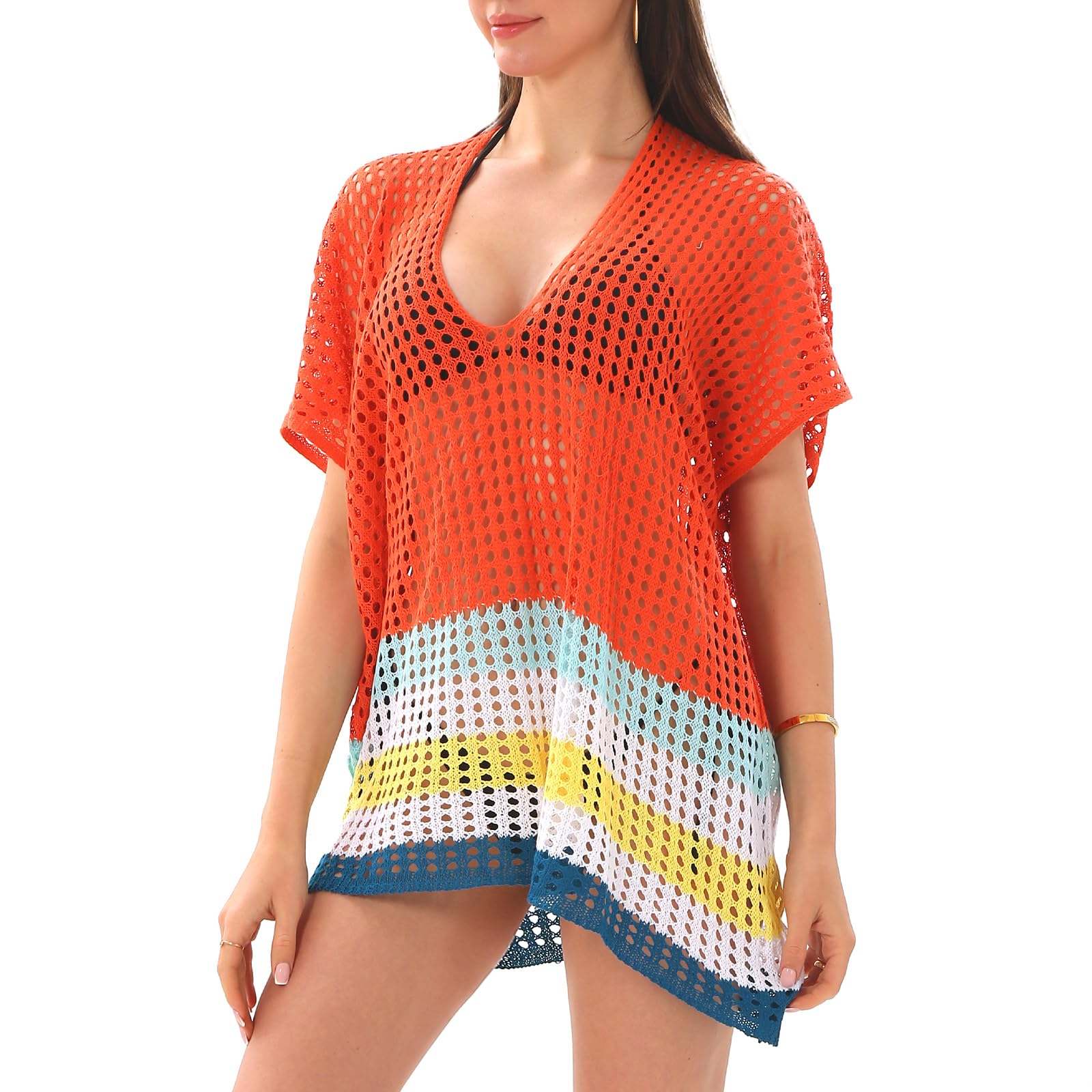YAMMI TREE Women's Beach Cover Up, Crochet Mesh V-Neck, Colorblock Striped Summer Swimsuit Cover