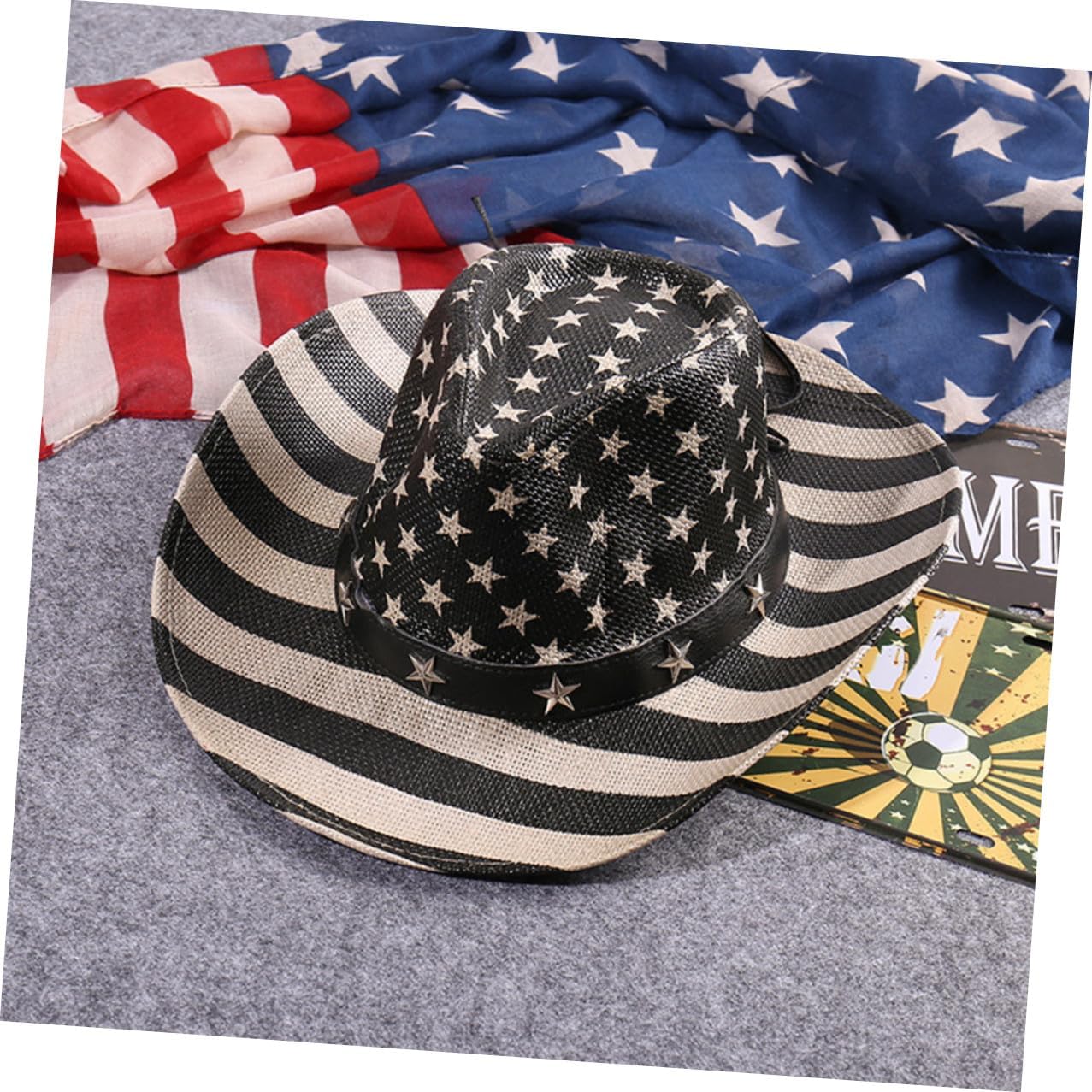 American Flag Cowboy Hat Wide Brim Straw Hat Unisex Vintage Western Patriotic 4th of July Independence Day Party Headwear Black