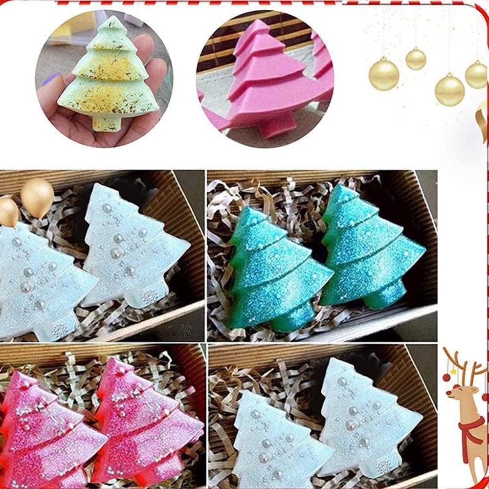 A collage showing various soaps made using the Christmas tree molds, in different colors and with glitter.